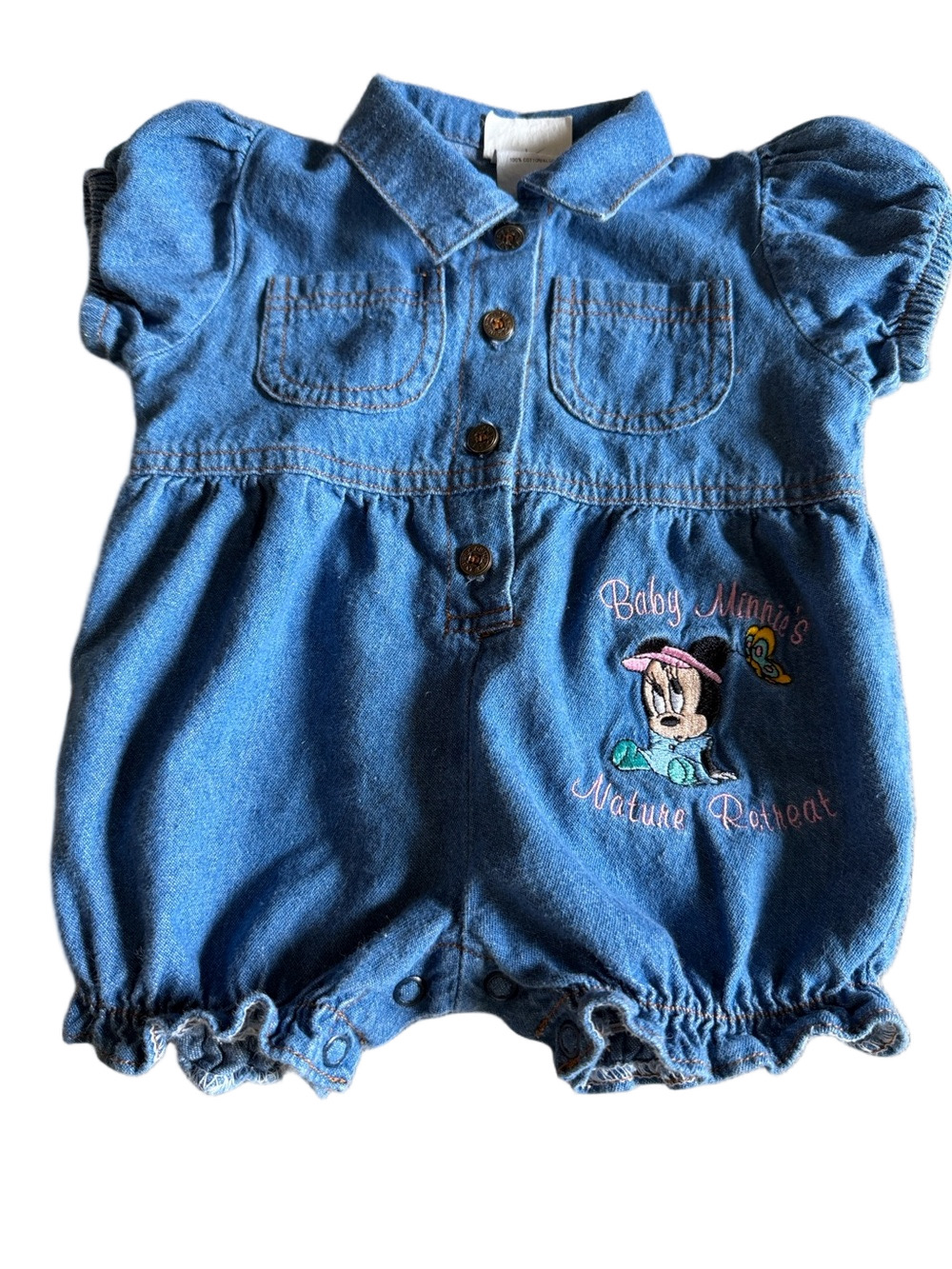 Disney Vintage Baby Minnie Onesie Denim Embroidered Butterfly Snap 0–6M